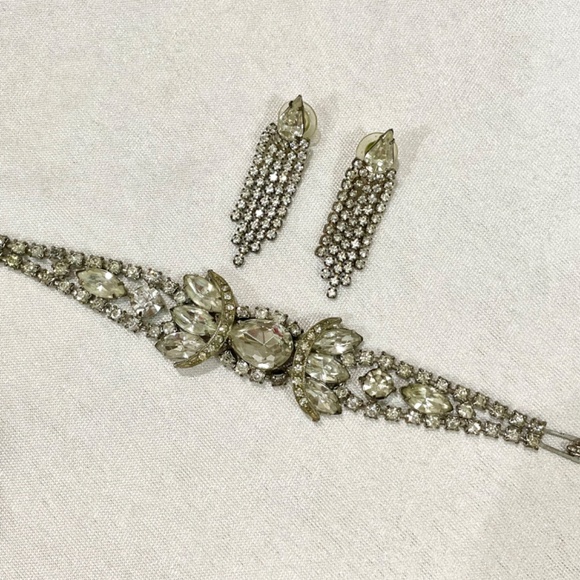 Vintage Art Deco Rhinestone Crystal Bracelet Earrings Bridal Jewelry Estate - Picture 8 of 11